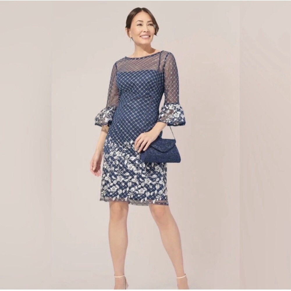 NWT Adrianna Papell Embroidered Bell Sleeve Dress Navy Blue Silver Mesh Sz 2